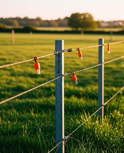 Temporary portable electric fencing system in a rural agricultural pasture with galvanized steel posts and high-tensile wire strands