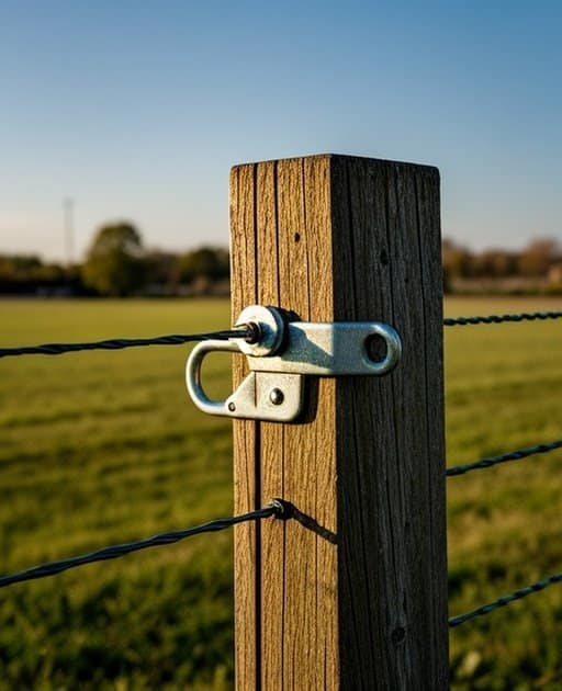 Close-up of a fence post in an agricultural pasture, showing its texture, a tightly attached wire, a metal bracket, and the hardware connection point illuminated by natural daylight