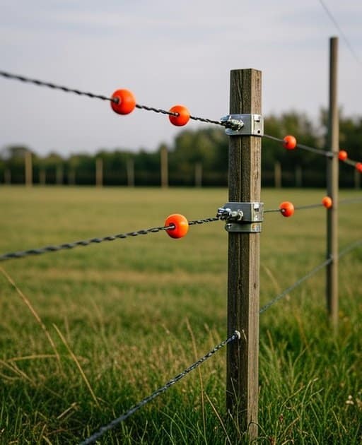 Properly installed Vegetation Control Guide system in rural agricultural pasture with evenly spaced metal posts supporting polypropylene twine, orange insulators, and metal tensioners