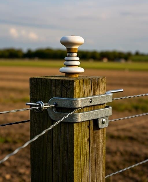 Close-up of a Vegetation Control Guide fencing system's post made of treated wood with a tightly attached galvanized wire, metal bracket, and ceramic insulator, set against an outdoor agricultural pasture under natural daylight