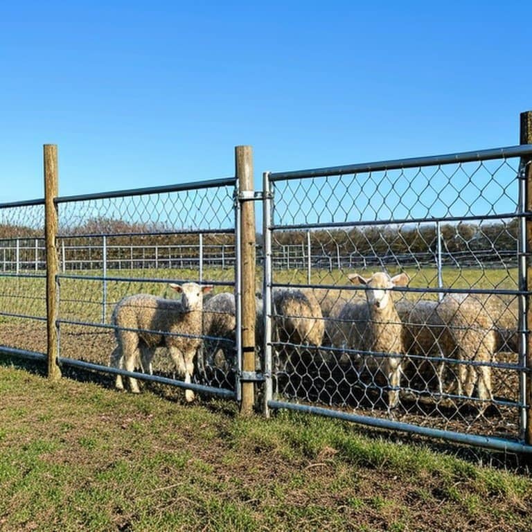 Welded wire mesh fence section in agricultural pen with wooden posts and young lambs Welded wire mesh fence section in agricultural pen with wooden posts and young lambs