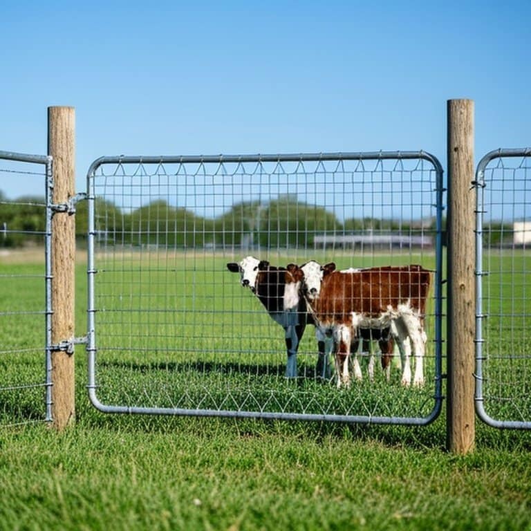 Welded wire mesh interior livestock pen on grassy farm pasture with calves Welded wire mesh interior livestock pen on grassy farm pasture with calves