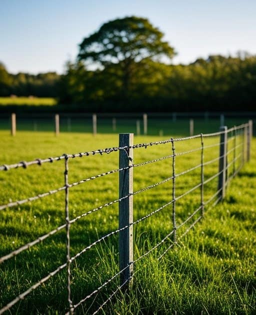 Properly installed Welded Wire Mesh Guide system fence in a rural agricultural pasture with lush green grass and distant tree line