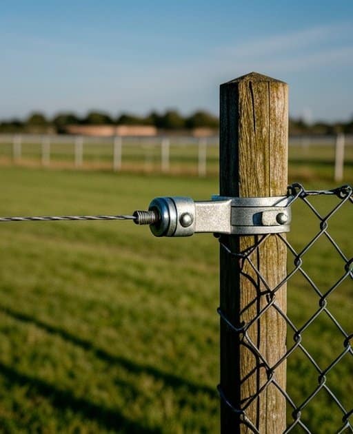 Close-up of welded wire mesh guide fencing system in outdoor agricultural pasture with natural daylight, showing fence post material, attached wire/rail, metal bracket/insulator, and hardware connection point (no people, no text)