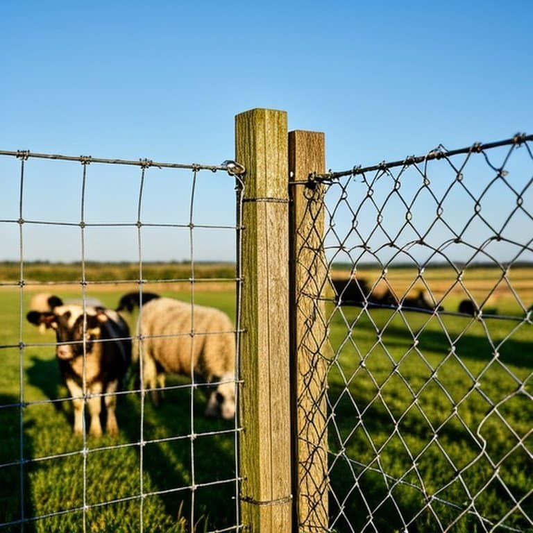 Photorealistic documentary-style photograph of two adjacent livestock fencing sections in a sunlit rural farm setting, contrasting flexible woven wire and rigid welded wire mesh with livestock interaction Photorealistic documentary-style photograph of two adjacent livestock fencing sections in a sunlit rural farm setting, contrasting flexible woven wire and rigid welded wire mesh with livestock interaction