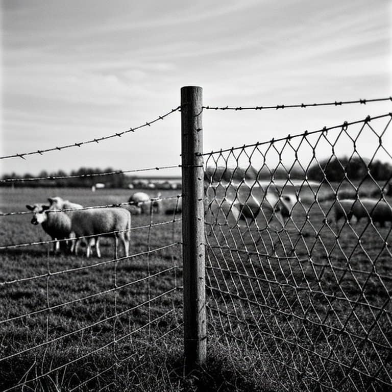 Rural farm with contrasting flexible woven and rigid welded wire fencing for livestock Rural farm field with woven and welded wire fencing for livestock containment