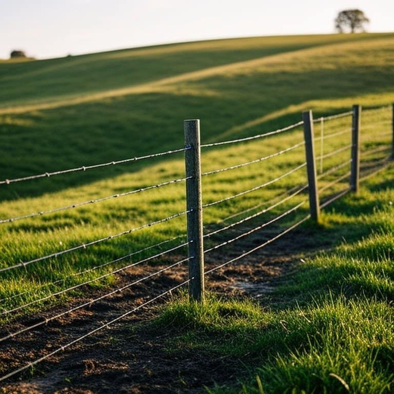 Realistic documentary-style photograph of agricultural wire fencing installation errors on uneven pasture hills, suitable for agricultural fencing informational content Realistic documentary-style photograph of agricultural wire fencing installation errors on uneven pasture hills, suitable for agricultural fencing informational content