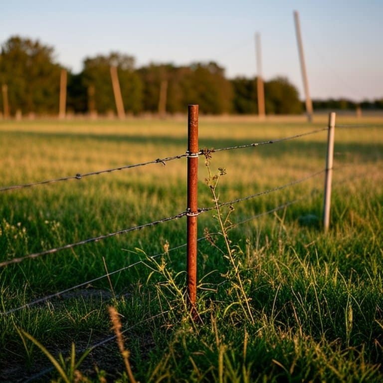 Documentary-style photo of a permanent electric fence in an agricultural pasture showing common issues: poor grounding, vegetation contact, structural weakness, and inadequate equipment during golden hour Documentary-style photo of a permanent electric fence in an agricultural pasture showing common issues: poor grounding, vegetation contact, structural weakness, and inadequate equipment during golden hour