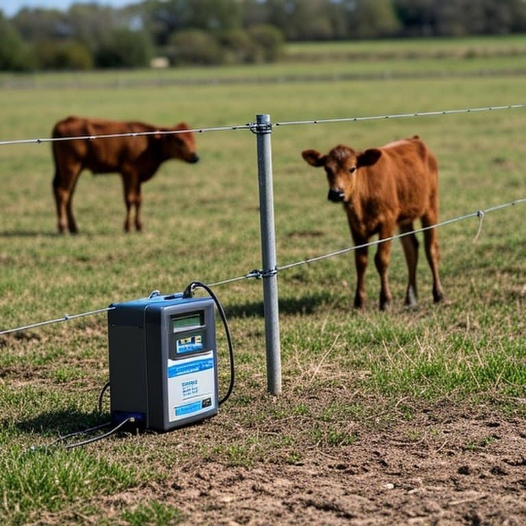 Realistic documentary-style image of portable electric fence setup demonstrating common problems (low voltage, poor grounding, insufficient tension) in grassy pasture with young calves Portable electric fence setup with common issues in grassy pasture, calves in agricultural surroundings