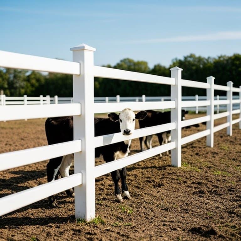 PVC fencing in small farm pasture area for animal safety, emphasizing low-maintenance durable structure Small farm pasture with PVC fencing for animal safety, showcasing rigid weather-resistant structure