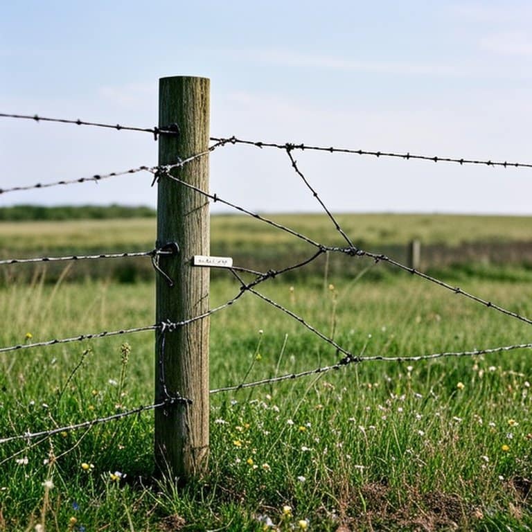 Rural agricultural wire fence with immediate repair signs Rural agricultural wire fence with immediate repair signs