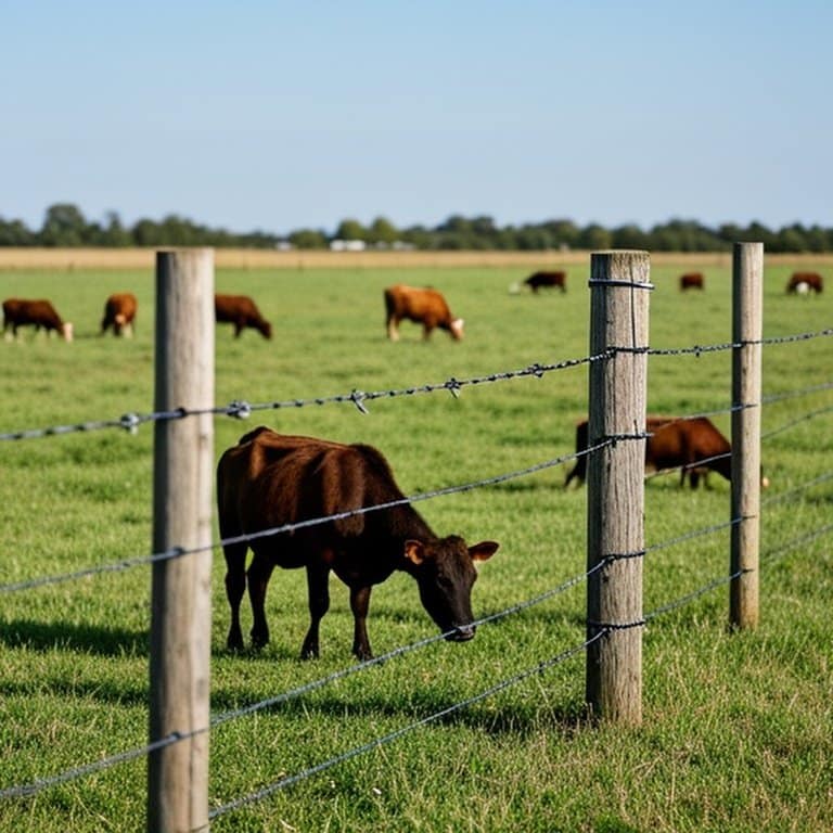 Realistic photograph of a well-maintained agricultural pasture with electric and woven wire fencing, showing calm cattle grazing within the fenced area, illustrating durable farm fencing setup. Realistic photograph of a well-maintained agricultural pasture with electric and woven wire fencing, showing calm cattle grazing within the fenced area, illustrating durable farm fencing setup.