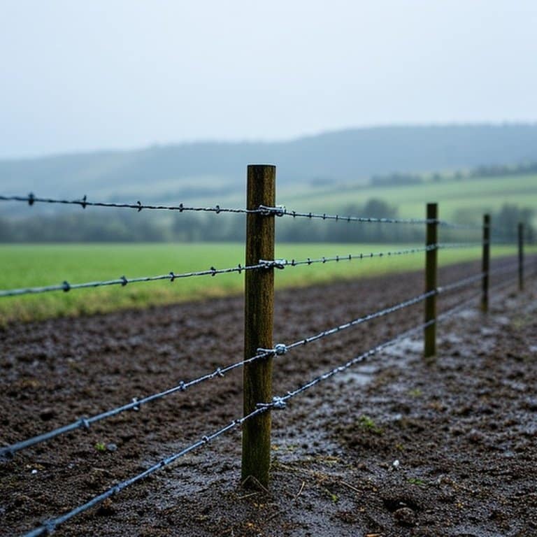 High-tensile galvanized wire fence with pressure-treated wooden posts in muddy high-rainfall agricultural landscape High-tensile galvanized wire fence with pressure-treated wooden posts in muddy high-rainfall agricultural landscape