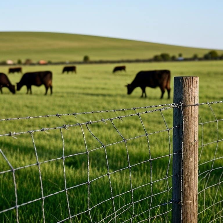 Realistic documentary-style image of a well-installed 12.5-gauge woven wire fence along a cattle pasture for livestock containment Realistic documentary-style image of a well-installed 12.5-gauge woven wire fence along a cattle pasture for livestock containment