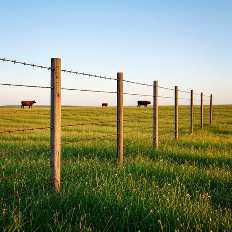 Documentary-style wide-angle photograph of well-maintained barbed wire perimeter fence on cattle ranch pasture Documentary-style wide-angle photograph of well-maintained barbed wire perimeter fence on cattle ranch pasture