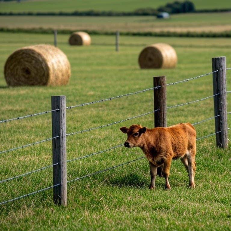 Realistic pastoral farm pasture showcasing three distinct fencing systems: modern composite, traditional wooden, and tensioned wire, with grazing cattle and calf, emphasizing agricultural setting and fencing functional differences Realistic pastoral farm pasture showcasing three distinct fencing systems with grazing cattle and calf, emphasizing agricultural setting and functional fencing differences