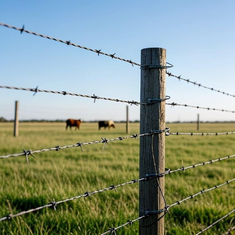 Realistic documentary-style photograph of a well-installed high-tensile wire fence in pastoral field for livestock containment Realistic documentary-style photograph of a well-installed high-tensile wire fence in pastoral field for livestock containment