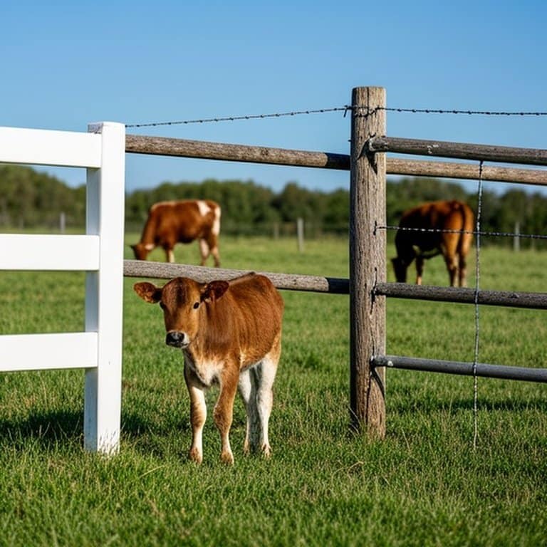 Realistic documentary-style photograph of sunny farm pasture showcasing three distinct fencing systems (PVC, wooden, metal) with a young calf and grazing cattle Realistic documentary-style photograph of sunny farm pasture with three distinct fencing systems (PVC, wooden, metal) and grazing cattle