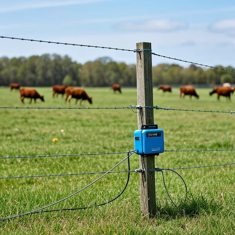 Permanent electric fence system in rural agricultural field for livestock containment Permanent electric fence system in rural agricultural field with wooden corner posts, metal intermediate posts, high-tensile wire, energizer unit, ground rod, and calm grazing cattle emphasizing long-term livestock containment