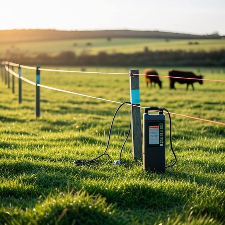 Realistic documentary-style photo of temporary electric fence system in sunlit grassy agricultural pasture with cattle, emphasizing mobility and adaptability for rotational grazing Temporary electric fence system for rotational grazing in sunlit agricultural pasture
