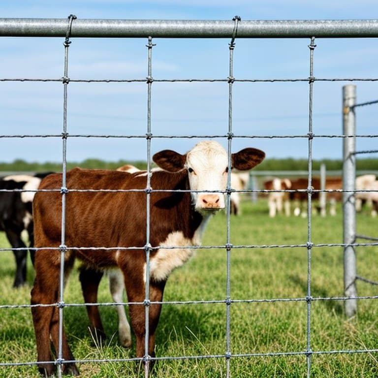 Realistic documentary-style well-installed welded wire mesh livestock fence for calf containment in rural agricultural setting Realistic documentary-style well-installed welded wire mesh livestock fence enclosing calves in rural farm setting with predator exclusion