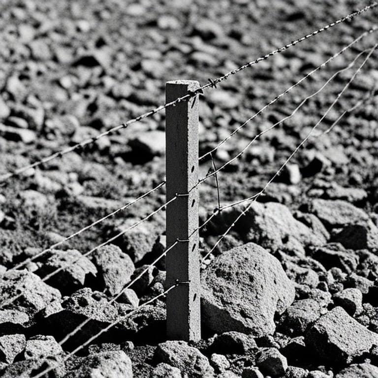 High-tensile wire fence corner installation on rocky ground with steel T-posts and concrete-filled corner post, agricultural setting emphasizing adaptability to rocky terrain High-tensile wire fence corner installation on rocky ground with steel T-posts and concrete-filled corner post, agricultural setting emphasizing adaptability to rocky terrain