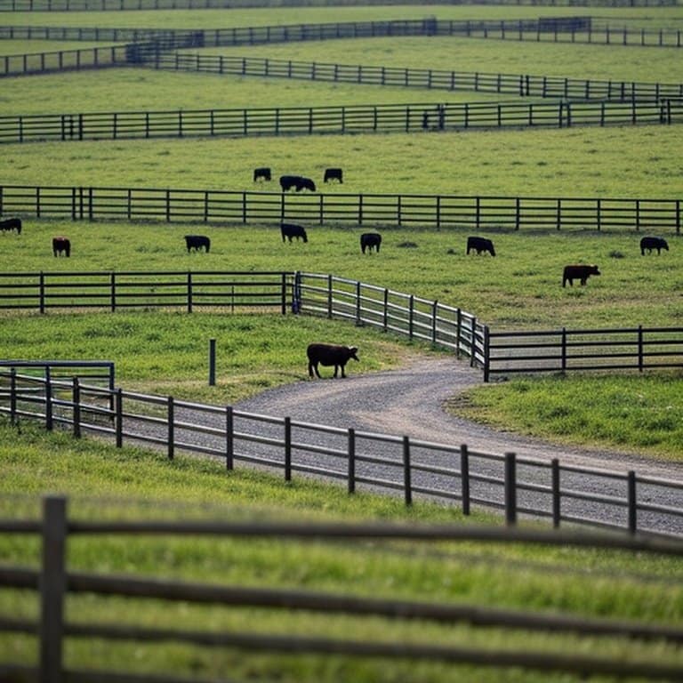Realistic view of a well-managed farm with rotational grazing setup for controlled livestock movement and pasture management Realistic view of a well-managed farm with rotational grazing setup for controlled livestock movement and pasture management