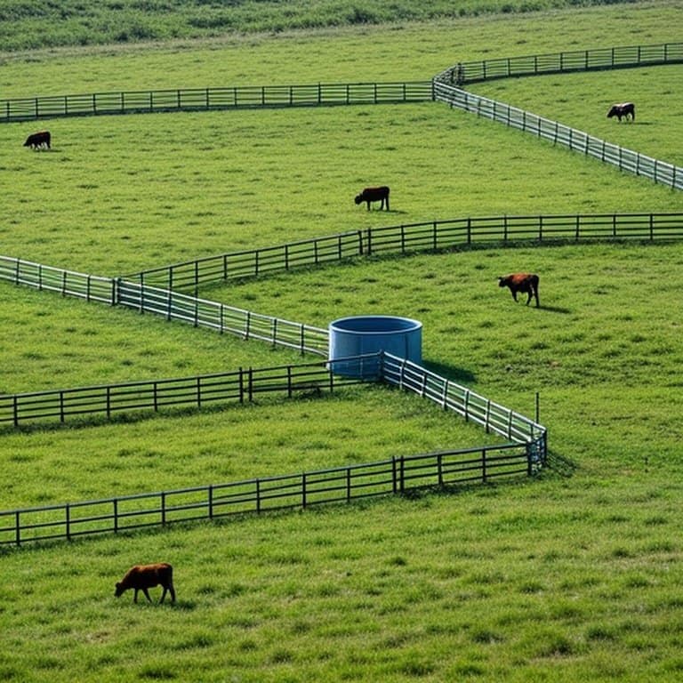 Documentary-style photograph of a working rotational grazing pasture with secure perimeter fence and central water trough Documentary-style photograph of a working rotational grazing pasture with secure perimeter fence and central water trough
