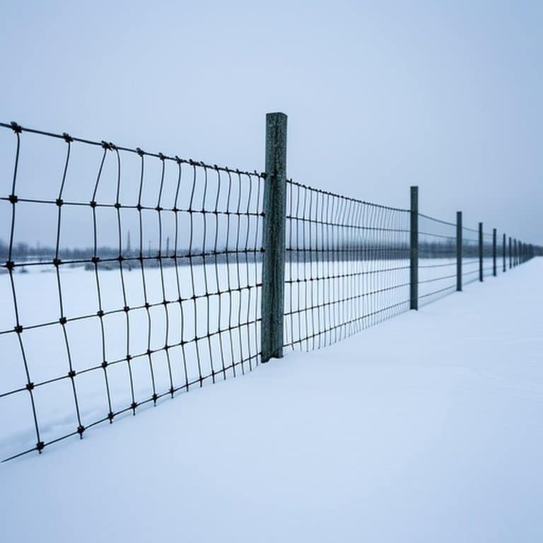 Realistic documentary-style photo of snowy winter pasture with properly installed high-tensile woven wire fence Realistic documentary-style photo of snowy winter pasture with properly installed high-tensile woven wire fence