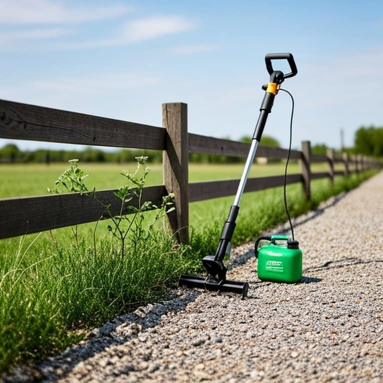 Rural pasture fence line with gravel barrier and maintenance tools for vegetation control Rural pasture fence line with gravel barrier and maintenance tools for vegetation control