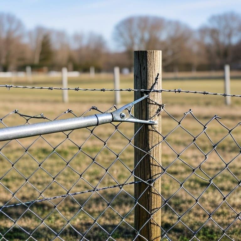 Documentary-style photograph of a well-maintained galvanized woven wire fence in a rural pasture during early spring, showcasing preventive maintenance practices Documentary-style photograph of a well-maintained galvanized woven wire fence in a rural pasture during early spring, showcasing preventive maintenance practices