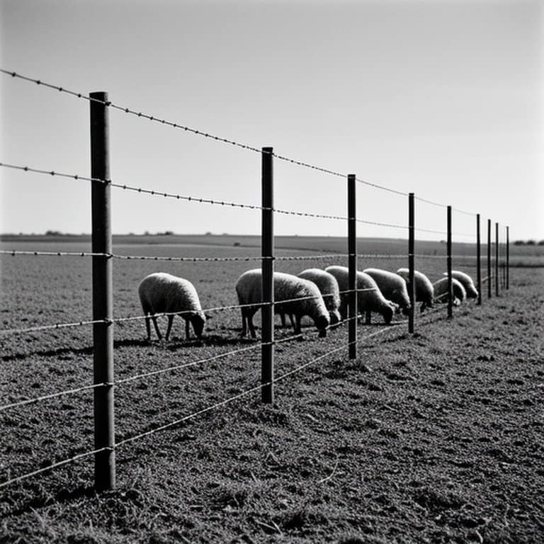 Rural farm field with woven wire fence for livestock containment (structural setup) Rural farm field with woven wire fence for livestock containment (structural setup)