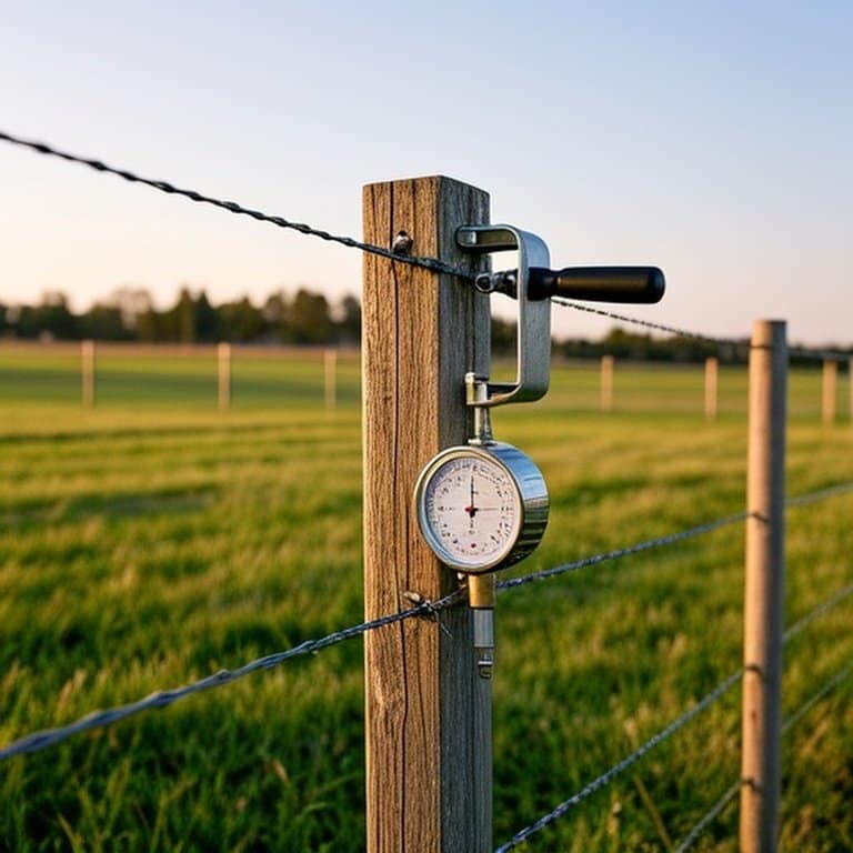 Rural agricultural field with newly installed high-tensile wire fence and farm tensioning equipment Rural agricultural field with newly installed high-tensile wire fence and farm tensioning equipment