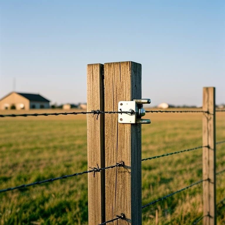 Farm fence tension setup with high-tensile wire and wooden corner posts (agricultural stock photography) High-tensile wire fence on farm with tension gauge for livestock-friendly fencing setup