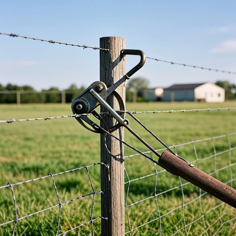 Rural agricultural wire fence repair scene using a metal come-along tool to re-stretch a sagging woven wire fence Rural agricultural wire fence repair scene with metal come-along tool
