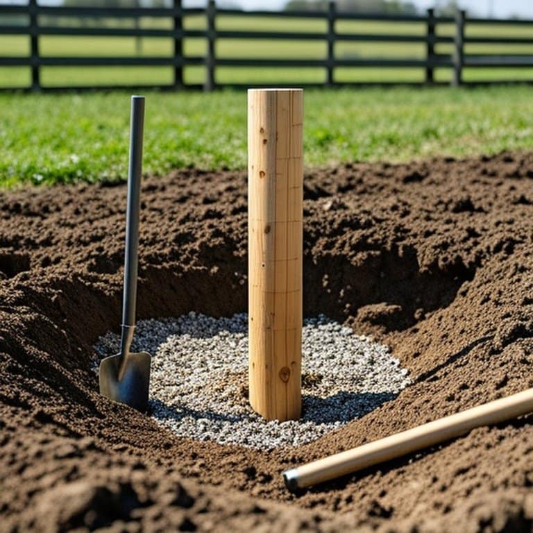 Realistic documentary-style photograph of wooden fence post installation in farm pasture without concrete Realistic documentary-style photograph of wooden fence post installation in farm pasture without concrete