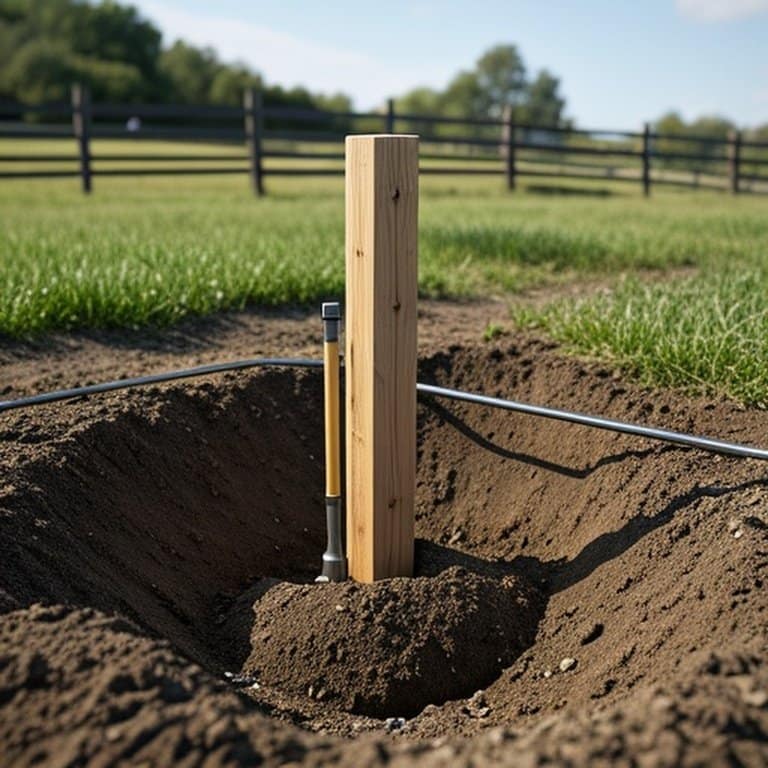 Realistic documentary-style scene of wooden fence post installation using tamped earth method, showing compacted soil layers, gravel drainage, and tools in a rural farm pasture Rural farm pasture wooden fence post installation with tamped earth method