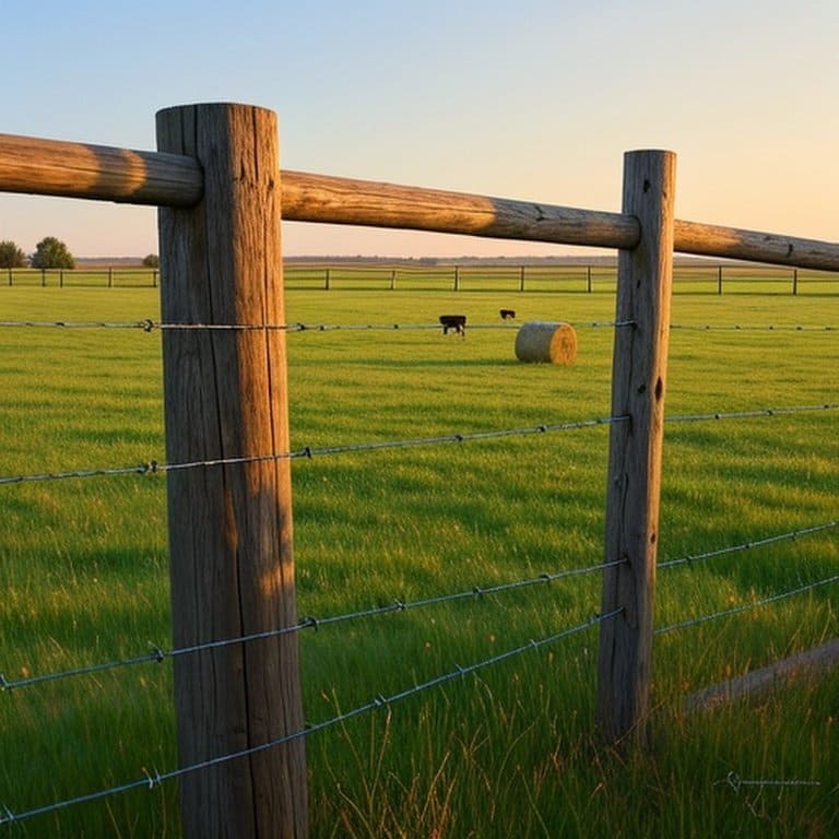 Wide-angle pastoral farm scene showing contrasting fencing systems: sturdy perimeter for security and flexible interior for rotational grazing management Wide-angle pastoral farm scene illustrating structural and functional differences between sturdy perimeter fencing and flexible interior cross fencing for rotational grazing