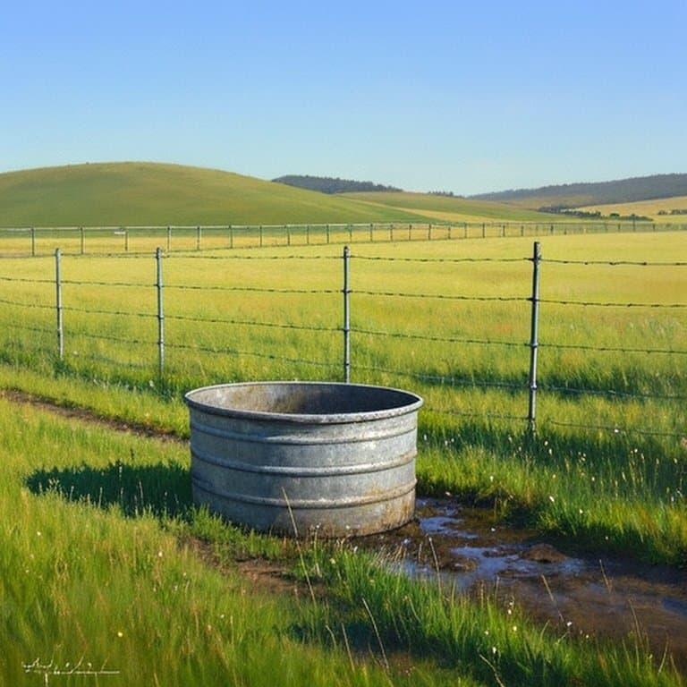 Realistic pastoral scene with permanent wire fence and metal water trough in a well-maintained grassy pasture, emphasizing ideal distance for agricultural setting Realistic pastoral scene with permanent wire fence and metal water trough in a well-maintained grassy pasture, illustrating ideal distance concept for agricultural management
