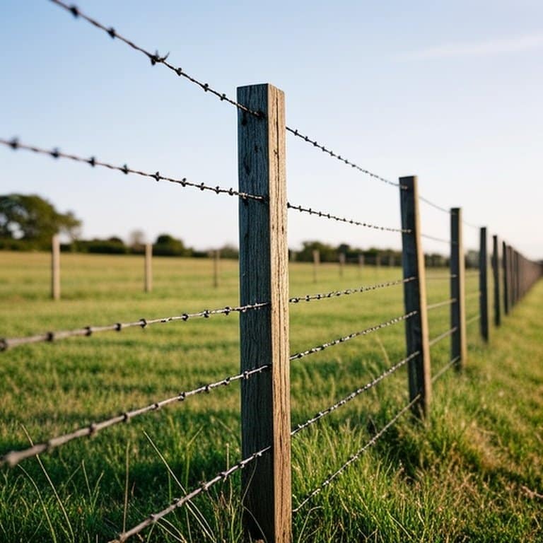 Woven wire fencing in rural pasture under natural daylight Realistic documentary-style photograph of woven wire fencing in a rural pasture for livestock containment