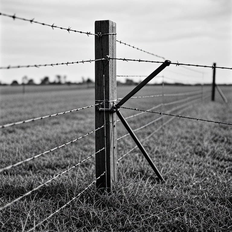 Realistic documentary-style photograph of a taut woven wire fence being stretched in a grassy agricultural field for livestock containment Realistic documentary-style photograph of a taut woven wire fence being stretched in a grassy agricultural field for livestock containment