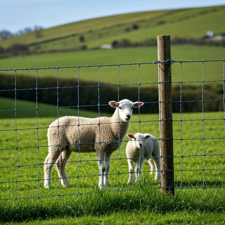 Documentary image of pasture fence structure for livestock containment, showing spacing to prevent lambs from escaping, with sheep in a green pasture Well-tensioned pasture fence with 4x4 inch mesh to prevent lambs and goat kids from escaping, with sheep in a lush green pasture