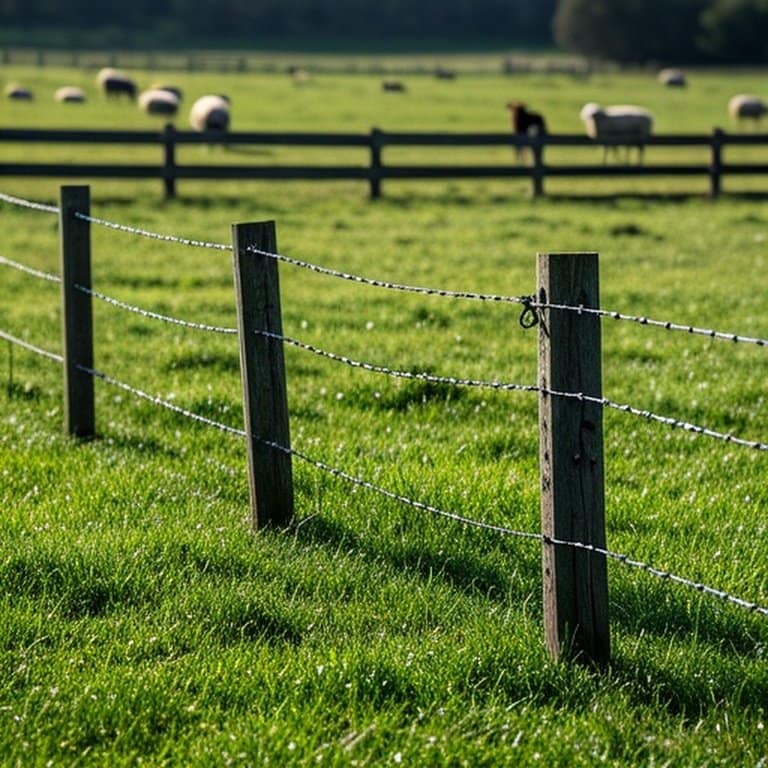 Realistic documentary-style photograph of species-specific fences in a pastoral farm pasture showcasing livestock containment needs Realistic documentary-style photograph of species-specific fences in a pastoral farm pasture showcasing livestock containment needs