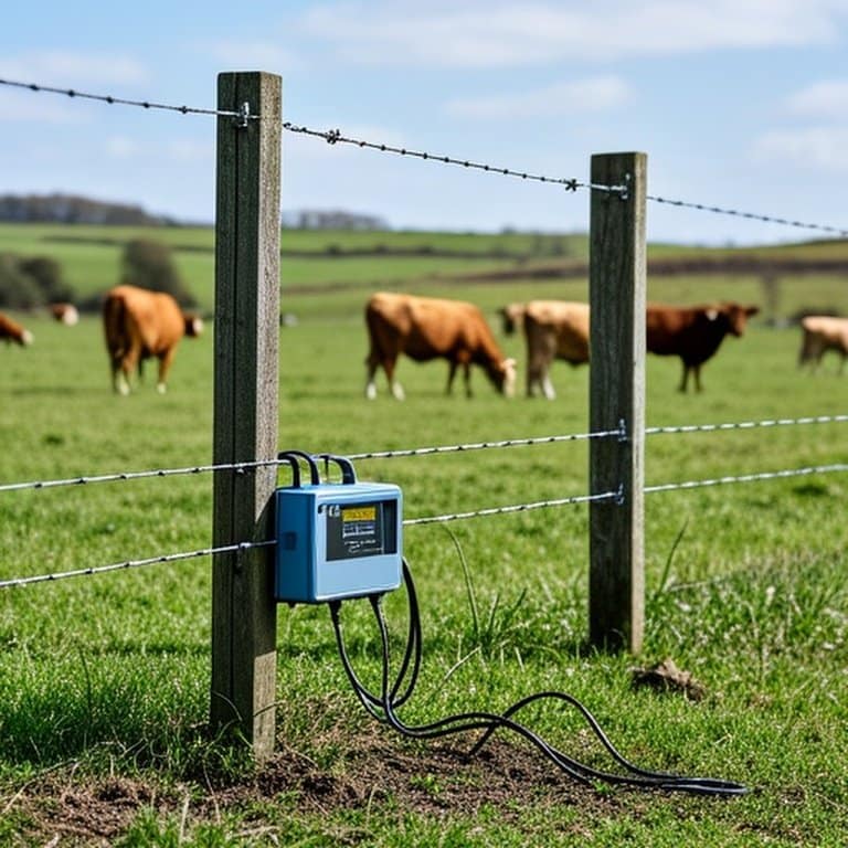 Realistic documentary-style photo of a permanent electric fence setup in a rural pasture with agricultural context Realistic documentary-style photograph of a permanent electric fence setup in a well-maintained rural pasture, featuring galvanized steel wires, treated wood posts, heavy-duty insulators, an energizer unit, a grounding rod, and distant grazing cattle to emphasize agricultural context and professional, long-lasting installation