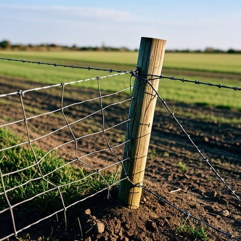 After high winds: Agricultural wire fence corner section showing leaning post, disturbed soil, and slack brace wires, emphasizing structural stress and inspection need Wind-damaged agricultural wire fence corner with leaning post, disturbed soil, and slack diagonal brace wires
