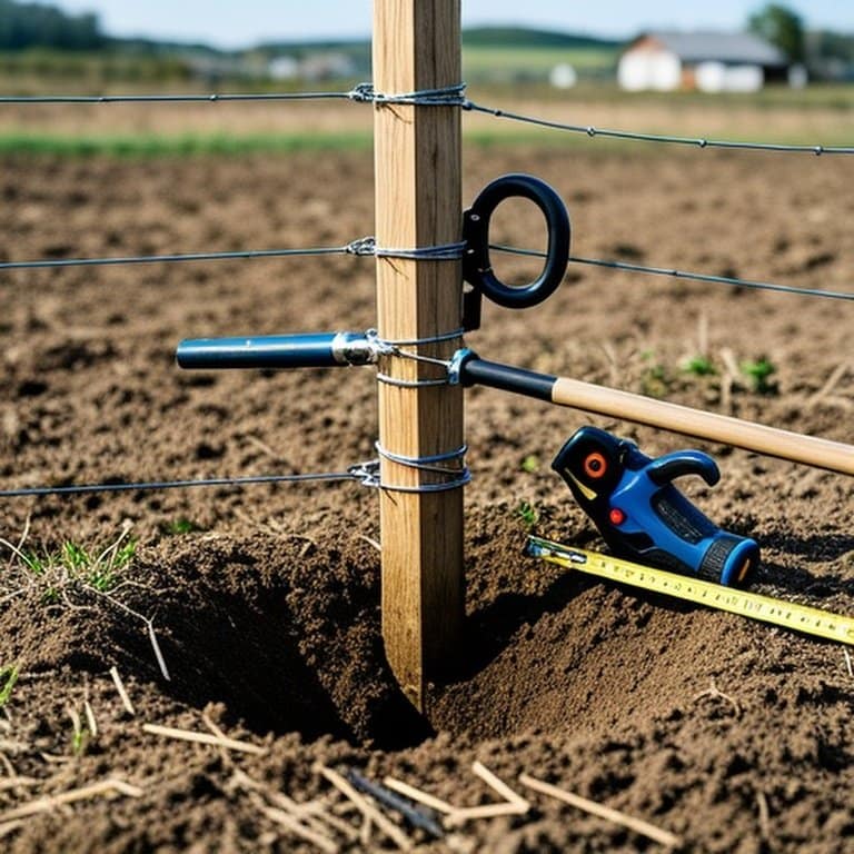 Rural agricultural field scene with essential DIY fence installation tools for stable installation Rural agricultural field scene with essential DIY fence installation tools: manual post driver, measuring tape, string line with stakes, fence stretcher with high-tensile wire, and fencing pliers, arranged around a partially set wooden post and freshly dug post hole