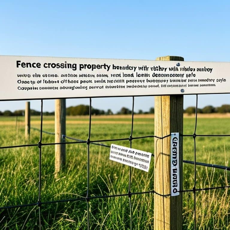 Fence crossing property boundary with survey stakes in rural land (documentary style) Fence crossing property boundary with survey stakes in rural land (documentary style)