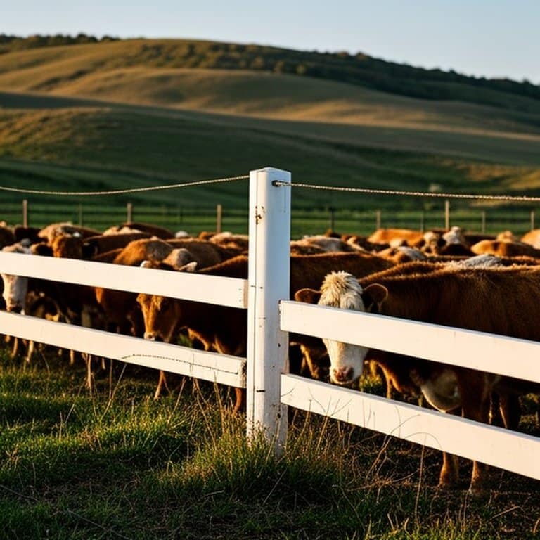 Documentary photograph of white PVC fence in rural pasture under cattle pressure Realistic rural pasture scene with white PVC fence showing structural strain from cattle crowding