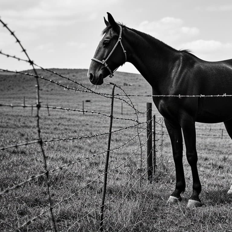 Stressed equine livestock near weathered barbed wire fence in pasture, highlighting risk of barbed wire fencing in inappropriate high-pressure environments Stressed equine livestock near weathered barbed wire fence in pasture, highlighting risk of barbed wire fencing in inappropriate high-pressure environments