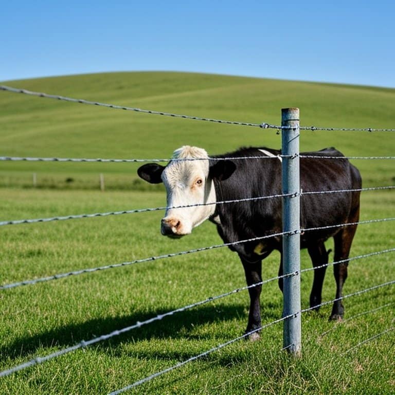 High-tensile wire fence system in a green pasture, demonstrating flexibility and durability with cattle, natural sunlight, and proper structural design Documentary-style photo of a well-maintained high-tensile wire fence system in a green pasture, showcasing flexibility with cattle leaning against it and emphasizing durability for long-term outdoor agricultural use